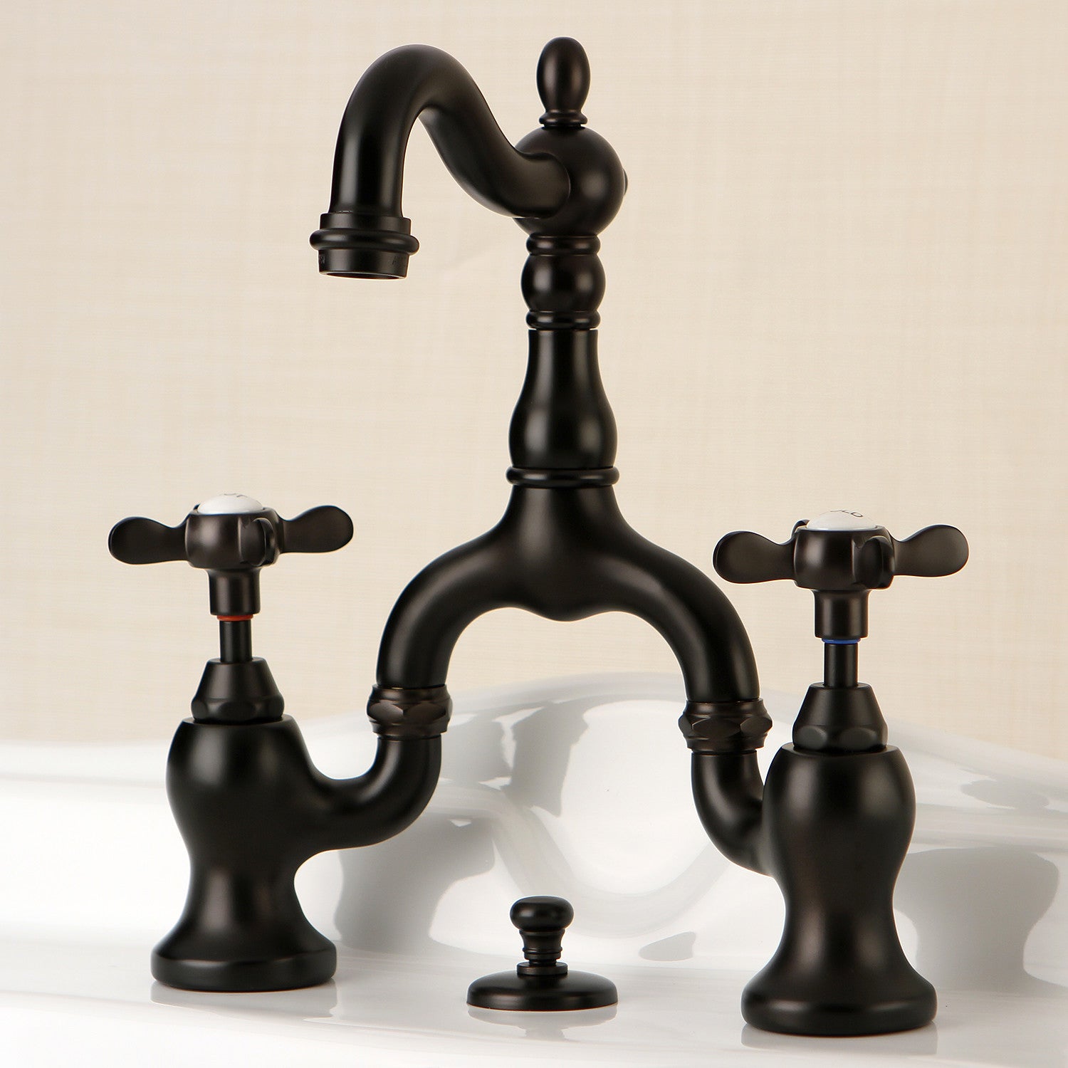 Kingston Heirloom KS7975BEX - Essex Two-Handle 3-Hole Deck Mount Bridge Bathroom Faucet with Brass Pop-Up, Oil Rubbed Bronze — thumbnail 2